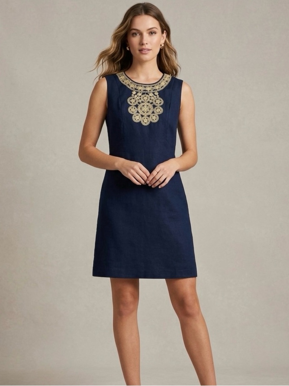NWT Julie Brown NYC Adam Navy Gold Embellished Mini Sheath Dress Size 12